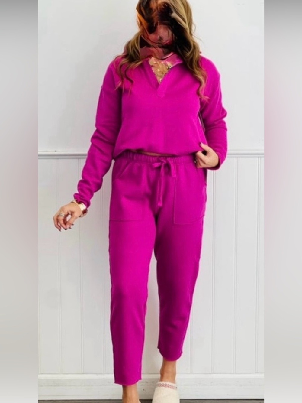 Mono B Bright Fuchsia Knit Drawstring Joggers set